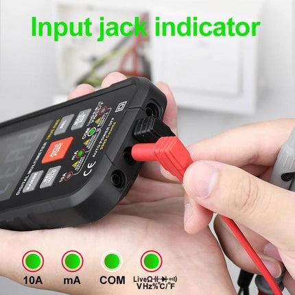 HABOTEST HT116 Large Screen Digital Multimeter showing red probe plugged into input jack with clear 2.7-inch VA reverse display and labeled ports