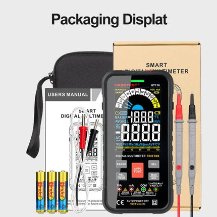 HABOTEST HT116 Large Screen Digital Multimeter showing display, probes, batteries and carrying case for household and automotive testing