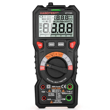 Habotest Handheld Digital Multimeter for Everyday Electrical Checks showing HT118A front with rotary dial and LCD display