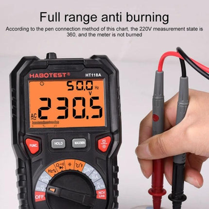 Habotest Handheld Digital Multimeter for Everyday Electrical Checks showing 230.5V reading with probes for household voltage testing