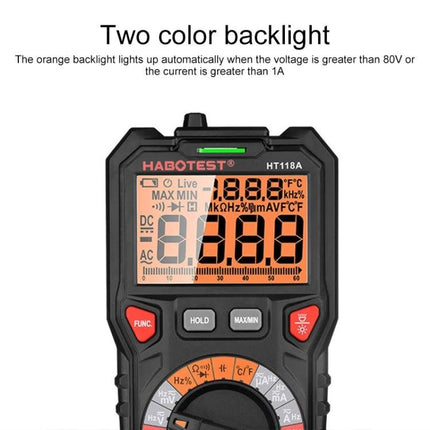 Habotest Handheld Digital Multimeter for Everyday Electrical Checks with orange two-color backlight showing LCD and rotary dial