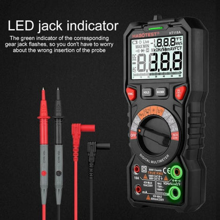 Habotest Handheld Digital Multimeter for Everyday Electrical Checks showing multimeter display, probes, LED jack indicators and rotary dial