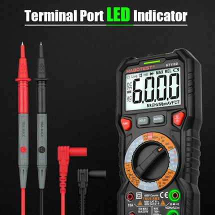 HABOTEST Portable Digital Multimeter for Electrical Testing showing LCD, rotary dial, probes and LED terminal port indicator