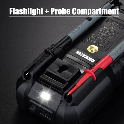 HABOTEST Portable Digital Multimeter for Electrical Testing showing flashlight and probe compartment with high-resolution LCD and safety features