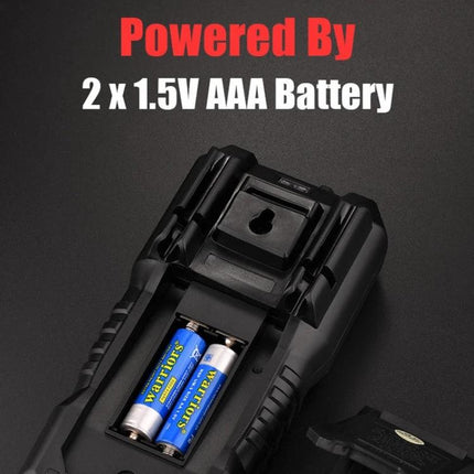 HABOTEST Portable Digital Multimeter for Electrical Testing showing open battery compartment with 2 x 1.5V AAA batteries and high-resolution LCD