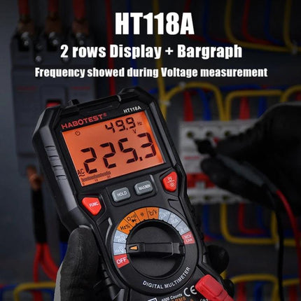 HABOTEST Portable Digital Multimeter for Electrical Testing showing 225.3V on high-resolution LCD in a technician’s gloved hand