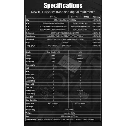 HABOTEST Portable Digital Multimeter for Electrical Testing showing specifications chart and features LCD ranges safety ratings