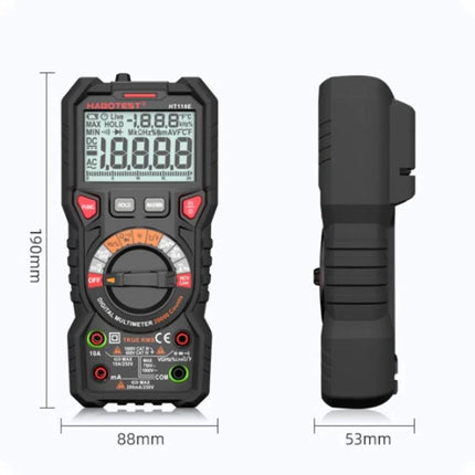 HABOTEST Handheld Digital Multimeter for Electrical Testing - front and side view with dimensions 190x88x53mm