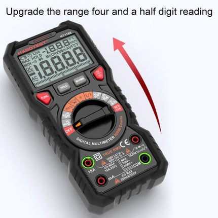 HABOTEST Handheld Digital Multimeter for Electrical Testing showing angled view of display, rotary dial and input jacks for voltage current resistance measurements