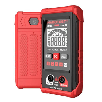 HABOTEST Mini Digital Multimeter for Electrical Measurements compact red digital multimeter showing display and input ports