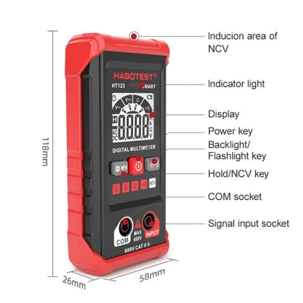 HABOTEST Mini Digital Multimeter for Electrical Measurements - compact red HT123 showing display, buttons, COM and input sockets, NCV area and labeled dimensions