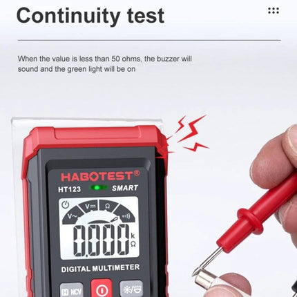 HABOTEST Mini Digital Multimeter for Electrical Measurements showing continuity test with probes and buzzer