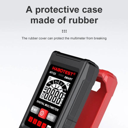 HABOTEST Mini Digital Multimeter for Electrical Measurements showing black rubber protective case and red clamp with clear LCD display