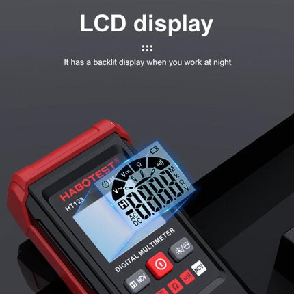 HABOTEST Mini Digital Multimeter for Electrical Measurements showing backlit LCD display and compact handheld design