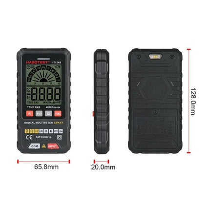 HABOTEST Mini Digital Multimeter for Basic Electrical Testing compact handheld device showing front, side and back views with dimensions