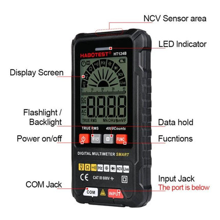 HABOTEST Mini Digital Multimeter for Basic Electrical Testing - compact handheld meter with labeled display, NCV sensor, LED indicator, input jacks and function buttons