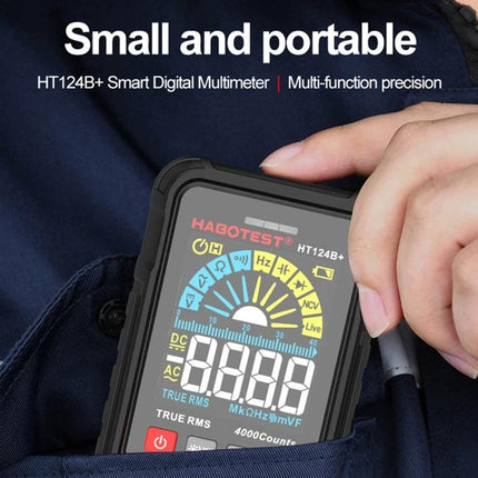 HABOTEST Mini Digital Multimeter for Basic Electrical Testing - compact handheld meter in pocket showing digital display and symbols