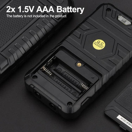 HABOTEST Mini Digital Multimeter for Basic Electrical Testing showing open battery compartment for 2x AAA batteries and rugged back case