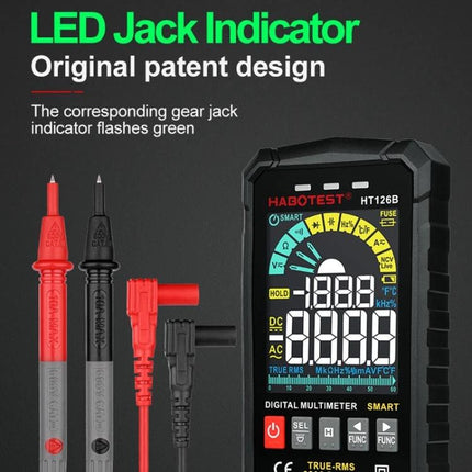 HABOTEST Digital Multimeter for Everyday Electrical Testing showing HT126B display and red/black test leads