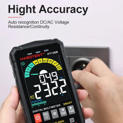 HABOTEST Digital Multimeter for Everyday Electrical Testing handheld showing voltage reading and probes testing a wall outlet