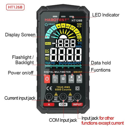 HABOTEST Digital Multimeter for Everyday Electrical Testing compact HT126B multimeter display functions flashlight data-hold true-RMS