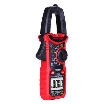 HABOTEST Digital Clamp Multimeter for Electrical Testing and Measurement - red clamp meter showing dial, clamp jaws and digital display