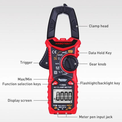 HABOTEST Digital Clamp Multimeter for Electrical Testing and Measurement red clamp meter showing clamp head, display, gear knob and function keys