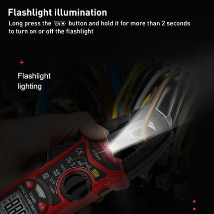HABOTEST Digital Clamp Multimeter for Electrical Testing and Measurement showing built-in flashlight illuminating wiring for troubleshooting