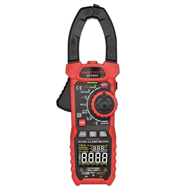 HABOTEST Digital Clamp Meter for Everyday Electrical Testing - red HT208D clamp meter showing dial and display