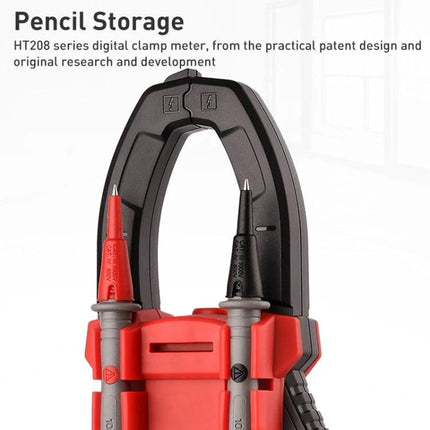 HABOTEST Digital Clamp Meter for Everyday Electrical Testing showing clamp jaws and red/black probes in pencil storage