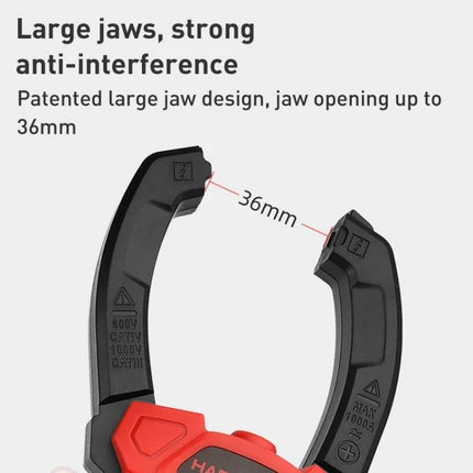 HABOTEST Digital Clamp Meter for Everyday Electrical Testing showing large jaws with 36mm opening for safe clamp measurements
