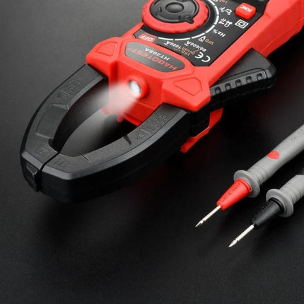 HABOTEST Digital Clamp Meter for Everyday Electrical Testing - red clamp meter with LED and test probes on black background