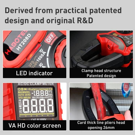 HABOTEST Digital Clamp Meter for Everyday Electrical Testing showing LED indicator, clamp head, HD color screen and 26mm jaw opening