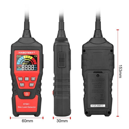 HABOTEST Combustible Gas Leak Detector for Household Safety handheld gas leak detector with digital display and probe, front side and back views
