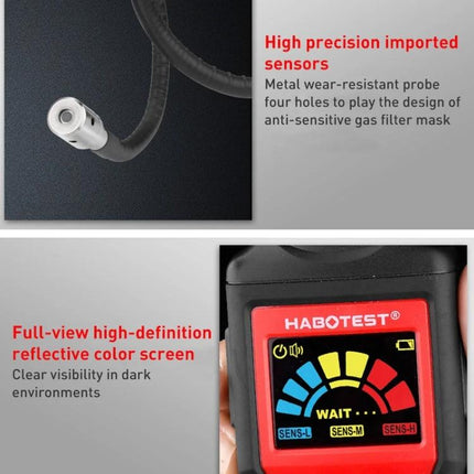 HABOTEST Combustible Gas Leak Detector for Household Safety handheld unit with probe and full-view color screen showing sensor levels