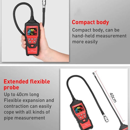 HABOTEST Combustible Gas Leak Detector for Household Safety handheld unit with 40cm flexible probe showing compact body and display