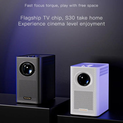 Portable Android WiFi Projector for Home Entertainment and Presentations showing black and white compact projectors on a table