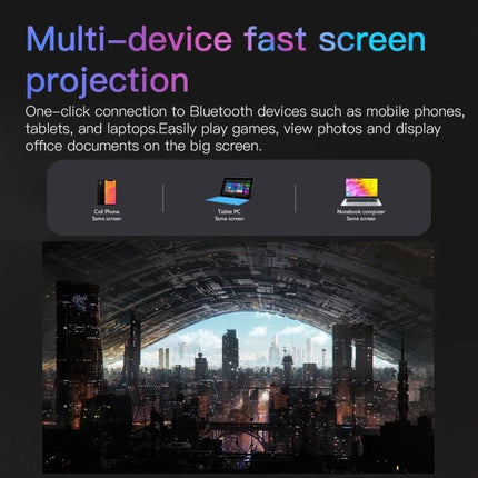 Portable Android WiFi Projector for Home Entertainment and Presentations projecting cityscape from multiple devices with easy wireless screen mirroring