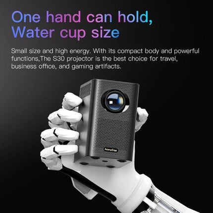 Portable Android WiFi Projector for Home Entertainment and Presentations compact handheld WiFi projector shown held in one hand, ideal for travel and meetings