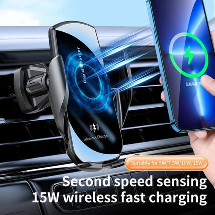 Smart Induction Car Phone Holder With Auto Clamp For Easy Use showing 15W wireless charging on car vent mount