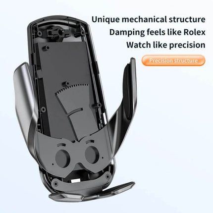 Smart Induction Car Phone Holder With Auto Clamp For Easy Use showing internal mechanical structure and auto-clamp arms with precision damping