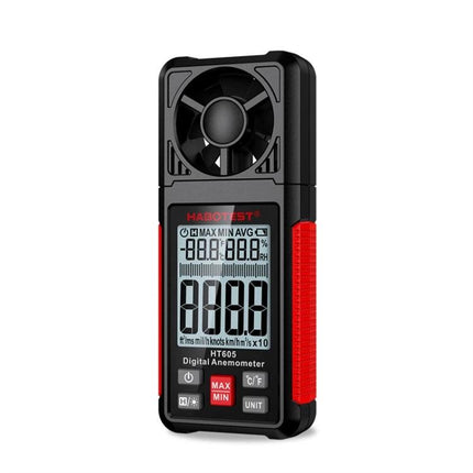 HABOTEST Portable Handheld Wind Speed Meter for Outdoor Use compact digital anemometer with fan, LCD display, and red grip for hiking and sailing