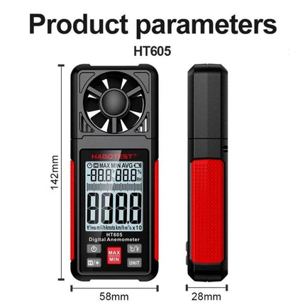 HABOTEST Portable Handheld Wind Speed Meter for Outdoor Use - front and side view of HT605 digital anemometer with fan, display and dimensions