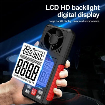 HABOTEST Portable Handheld Wind Speed Meter for Outdoor Use showing LCD HD backlight digital display and compact handheld design
