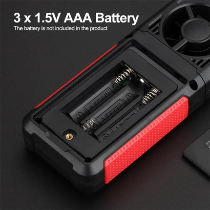 HABOTEST Portable Handheld Wind Speed Meter for Outdoor Use showing battery compartment for 3 x 1.5V AAA batteries