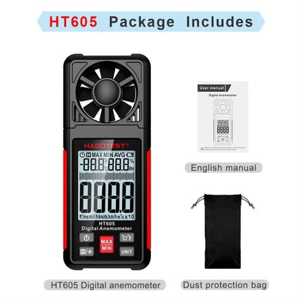 HABOTEST Portable Handheld Wind Speed Meter for Outdoor Use shown with HT605 digital anemometer, display, fan sensor, manual and dust protection bag