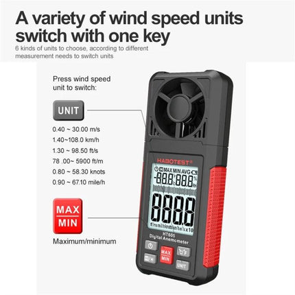 HABOTEST Portable Handheld Wind Speed Meter for Outdoor Use - compact digital anemometer showing display and unit options