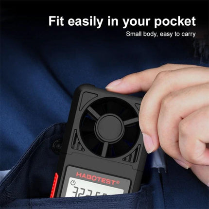 HABOTEST Portable Handheld Wind Speed Meter for Outdoor Use showing compact design fitting in a pocket for hiking and sailing