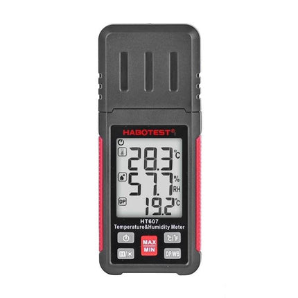 HABOTEST Handheld Temperature and Humidity Monitor for Daily Use showing digital display with temperature and humidity readings