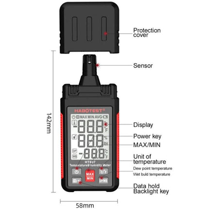 HABOTEST Handheld Temperature and Humidity Monitor for Daily Use showing sensor, display, buttons and dimensions